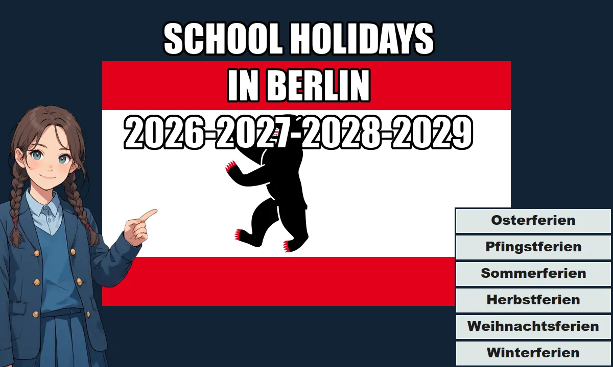 Infographic on a dark blue background: an anime girl points to the Berlin school holiday schedule for the 2026-2027-2028-2029 school years, against the backdrop of the city flag with a bear.