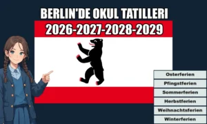 Berlin'de okul tatilleri 2026-2027-2028-2029 Bir anime kızı, Berlin bayrağının önünde, 2026-2027-2028-2029 eğitim öğretim yılları için Berlin okul tatil takvimini gösteriyor.