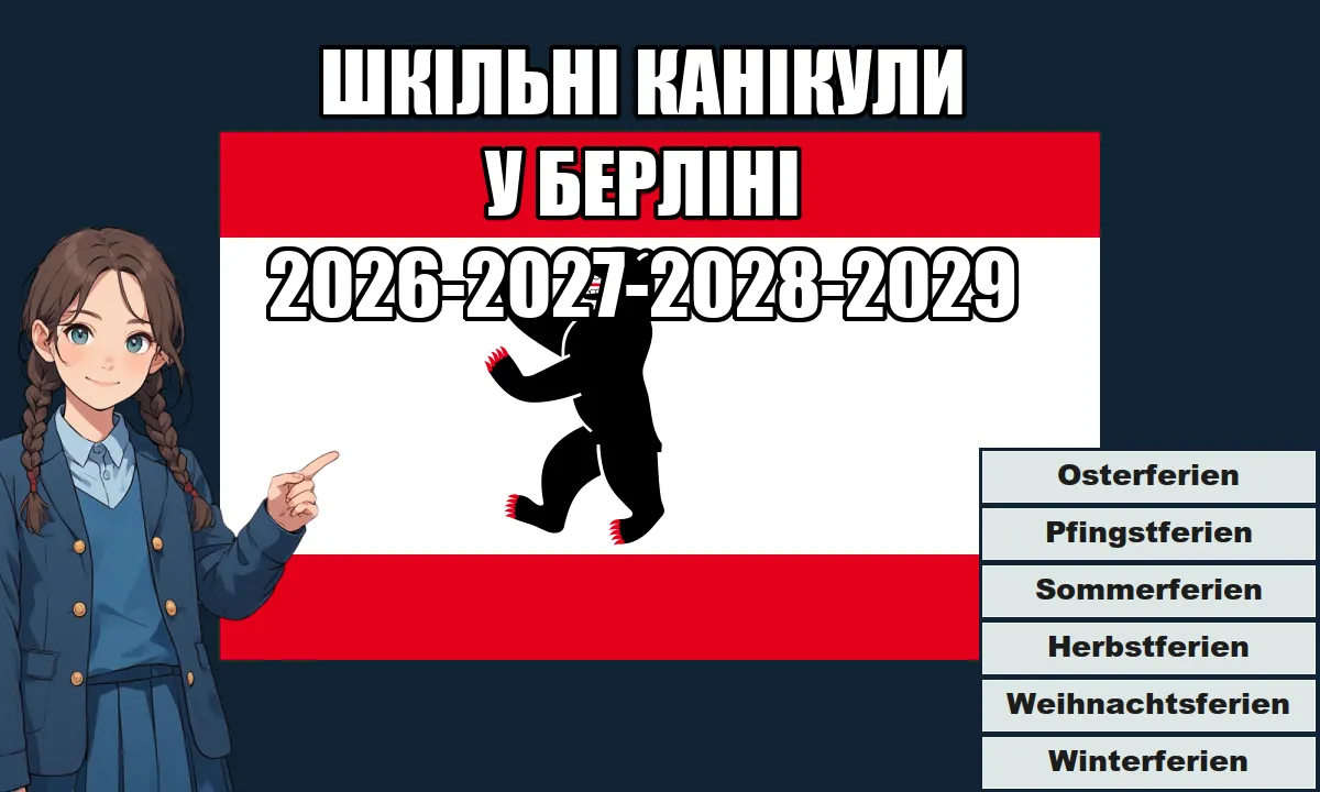 Інфографіка на темно-синьому тлі: аніме-дівчинка вказує на розклад шкільних канікул у Берліні на 2026-2027-2028-2029 роки на тлі міста з ведмедем.