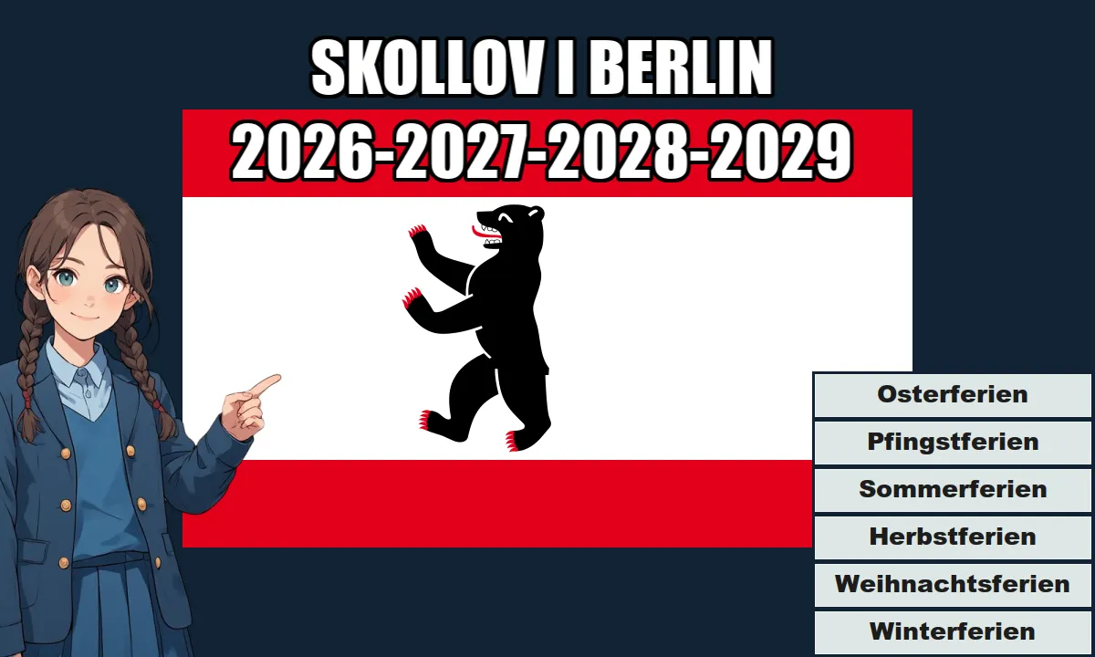 En animeflicka pekar på Berlins skollovsschema för läsåren 2026-2027-2028-2029, mot bakgrund av stadens flagga.