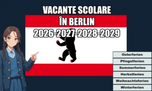 Vacanțe școlare în Berlin 2026-2027-2028-2029 (date exacte), sărbători oficiale O fată anime arată spre programul vacanțelor școlare din Berlin pentru anii școlari 2026-2027-2028-2029, pe fundalul steagului orașului.